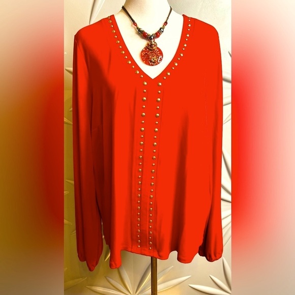 INC International Concepts Tops - INC SZ L (NWT) Red v-neck top w/gold studs. Bust 44”-48”